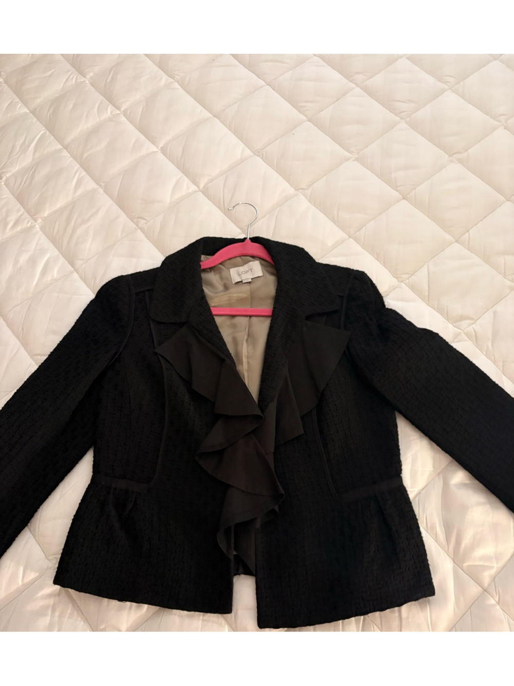 LOFT Black Ruffle Open-Front Blazer Size 10